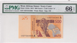 West African States, 500 Francs, 2013, UNC, p119Ab
UNC
PMG 66 EPQ"A'' Ivory Coast
Estimate: USD 30 - 60