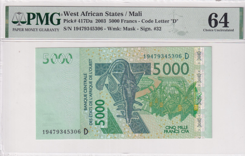 West African States, 5.000 Francs, 2003, UNC, p417Da
UNC
PMG 64 'D'' Mali
Est...