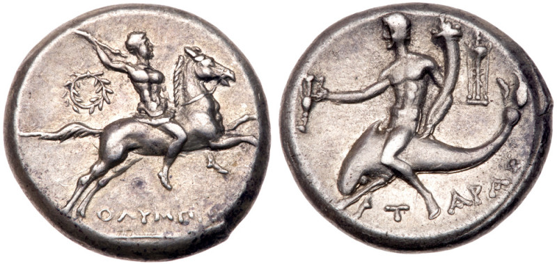 Calabria, Taras. Silver Nomos (6.51 g), ca. 240-228 BC. Olympis, magistrate. War...