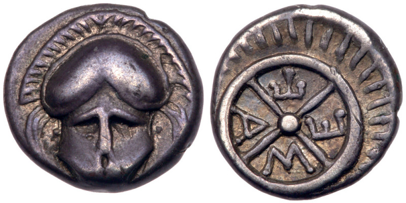 Thrace, Mesambria. Silver Diobol (1.33 g), 4th century BC. Crested helmet facing...