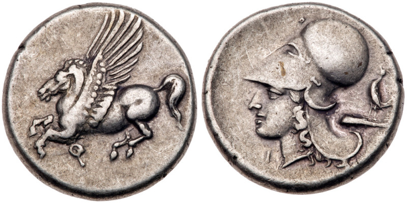 Corinthia, Corinth. Stater (8.52 g), ca. 375-350 BC. Pegasos flying left; below,...