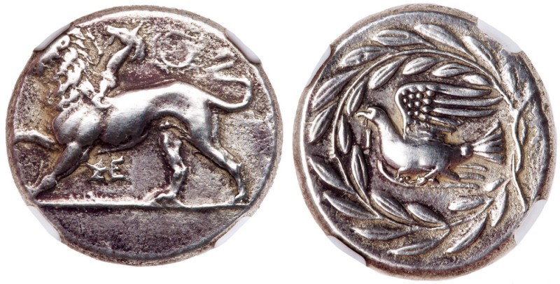 Sikyonia, Sikyon. Silver Stater (12.00 g), ca. 335-330 BC. &Sigma;E below, chima...