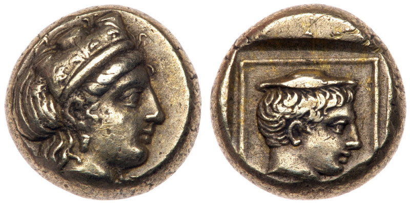 Lesbos, Mytilene. Electrum Hekte (2.53 g), ca. 412-378 BC. Head of Kybele right,...