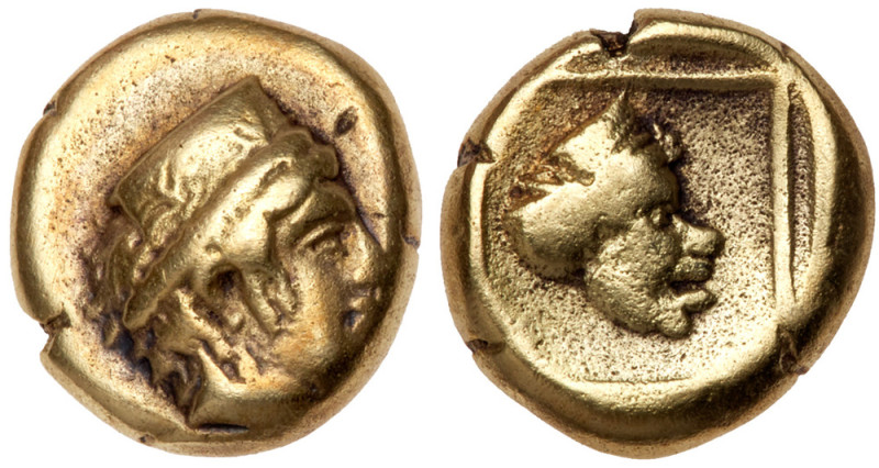 Lesbos, Mytilene. Electrum Hekte (2.65 g), ca. 412-378 BC. Head of Artemis-Kybel...