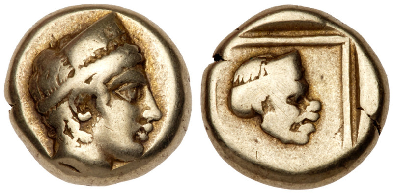 Lesbos, Mytilene. Electrum Hekte (2.42 g), ca. 412-378 BC. Head of Artemis-Kybel...