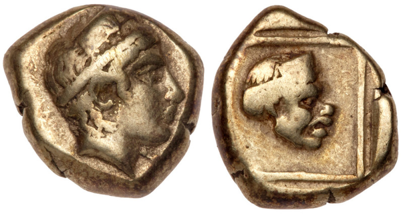 Lesbos, Mytilene. Electrum Hekte (2.54 g), ca. 412-378 BC. Head of Artemis-Kybel...