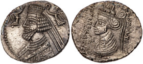 Parthian Kingdom. Phraatakes, with Queen Musa. Silver Drachm (3.02 g), 2 BC-AD 4/5. EF