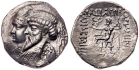 Elymaian Kingdom. Kamnaskires III, with Anzaze. Silver Tetradrachm (13.88 g), ca. 82/1-73/2 BC. EF