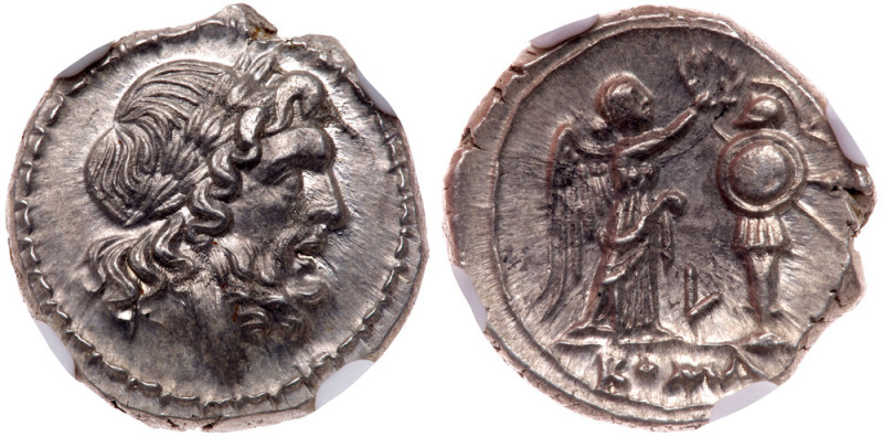 Anonymous. Silver Victoriatus (3.79 g), 211-208 BC. Lucerian mint. Laureate head...