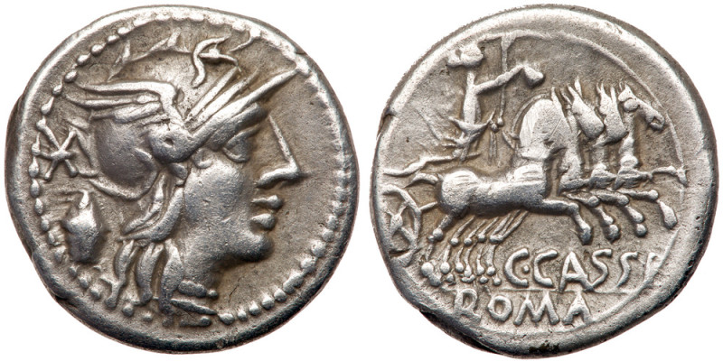 C. Cassius. Silver Denarius (3.82 g), 126 BC. Rome. Head of Roma right, wearing ...