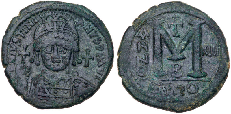 Justinian I. &AElig; Follis (23.19 g), 527-565. Theoupolis, RY 13 (539/40). D N ...