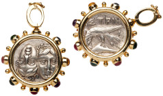 Lovely Ancient Greek Silver Coin, ca. 340-313 BC mounted in 18K Gold and Semi-Precious Stones.
