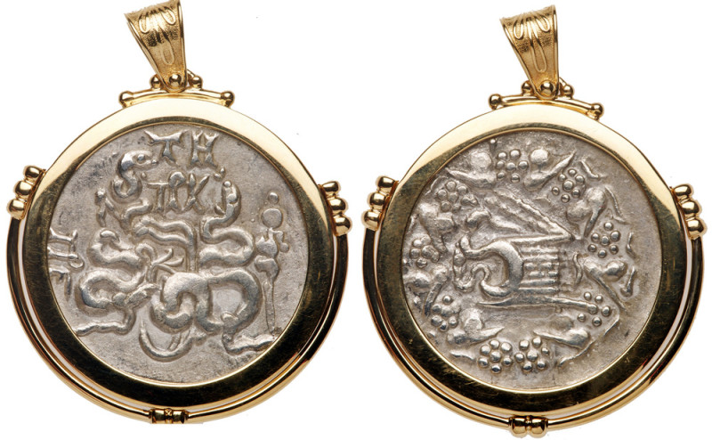 Handsome 18K Yellow Gold and Ancient Greek Silver Cistophoric Tetradrachm ca 76-...