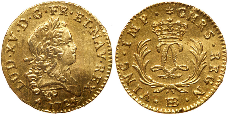 France. Louis d'or Mirliton, grandes palmes, 1724/3-BB (Strasbourg). Fr-459; Gad...