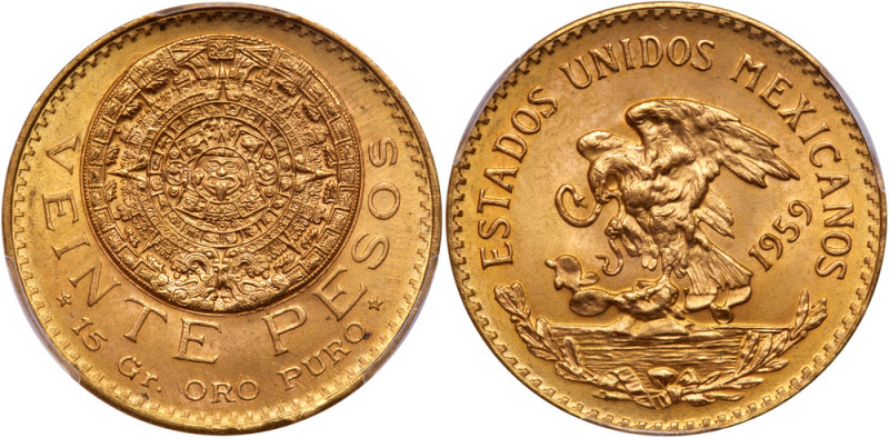 Mexico. 20 Pesos, 1959. Fr-171R; KM-478. Weight 0.4822 ounce. Aztec Sunstone. PC...