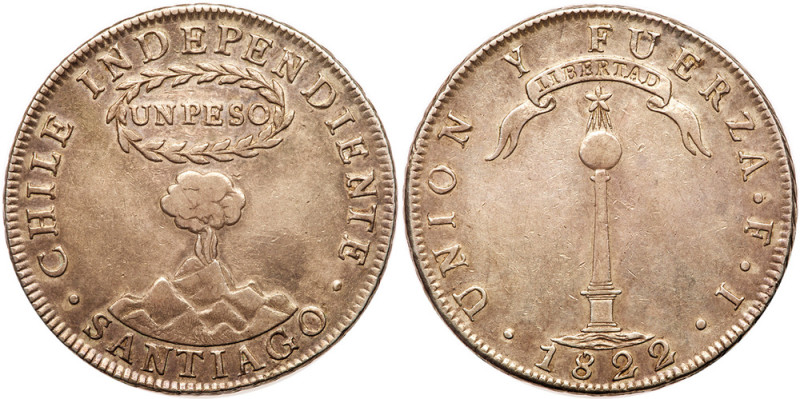 Chile. Peso, 1822-So FI. Eliz-87; KM-82.2. "Un Peso" within wreath above volcano...