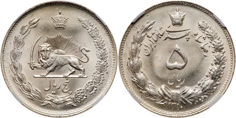 Iran. 5 Rials, SH1310 (1931). KM-1131. Reza Shah. Radiant lion holding sword. Ch...