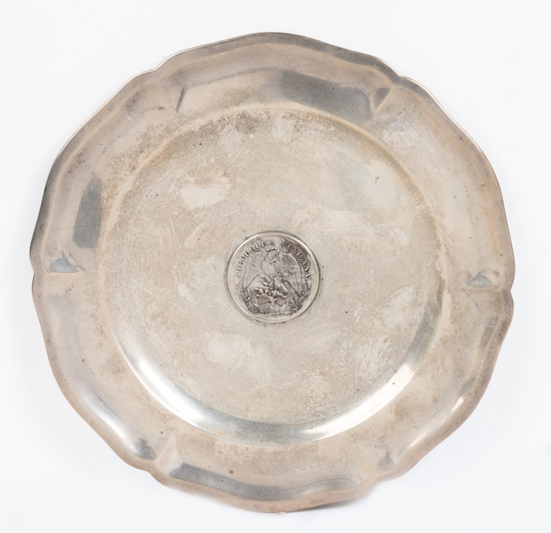 Mexico. Silver Tray with Un Peso of 1908-Mo at Base. Gross weight 308.9 grams, w...