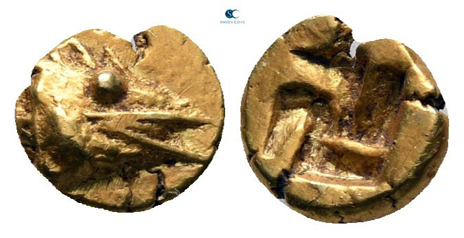 Mysia. Kyzikos circa 600-550 BC. 
1/24 Stater EL

7 mm, 0,64 g

Head of tun...