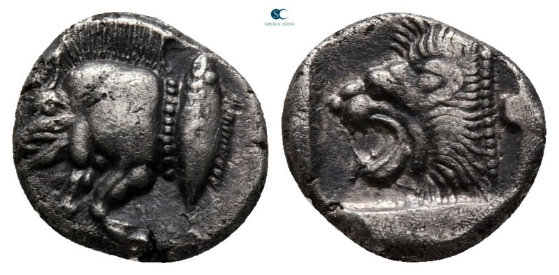 Mysia. Kyzikos circa 480 BC. 
Diobol AR

10 mm, 1,16 g

Forepart of boar le...