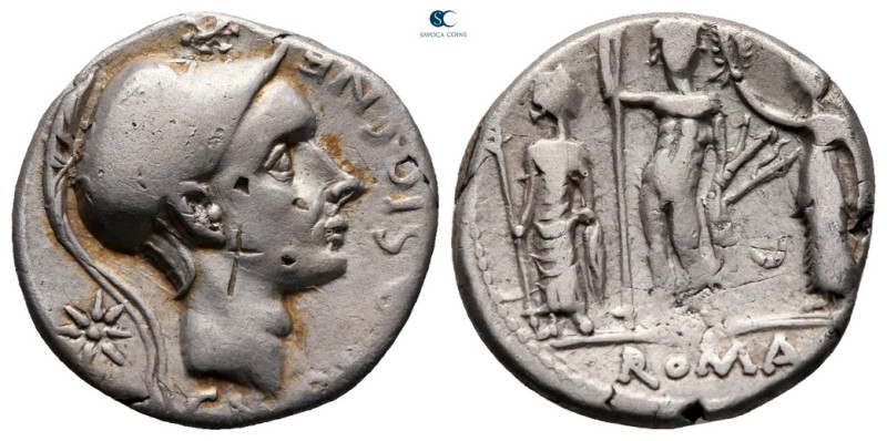 Cn. Blasio Cn. f 112-111 BC. Rome
Denarius AR

15 mm, 3,77 g

Helmeted male...