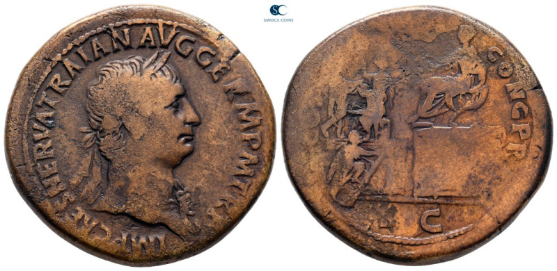 Trajan AD 98-117. Rome
Sestertius Æ

35 mm, 28,86 g

IMP CAES NERVA TRAIA N...