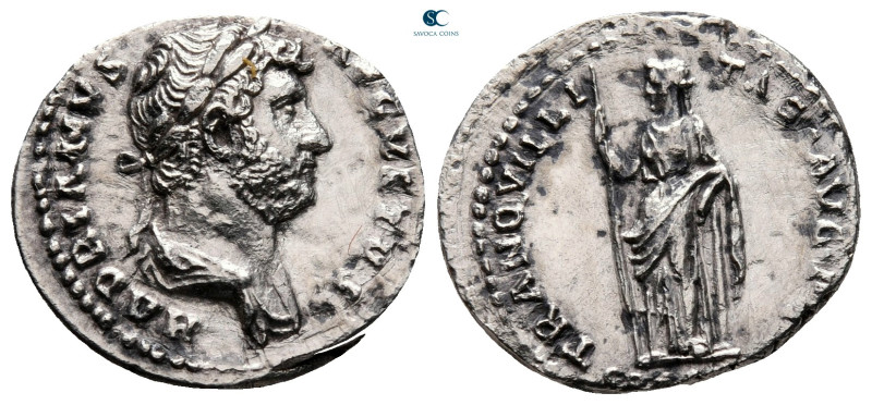 Hadrian AD 117-138. Rome
Denarius AR

18 mm, 2,87 g

HADRIANVS AVGVSTVS P P...