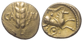 Britannien. Catuvellauni und Trinovantes. Cunobelinus (ca. 8 - 41 n. Chr.).

 Stater (Gold).
Vs: CA - MV. Kornähre.
Rs: Pferd nach rechts galoppie...