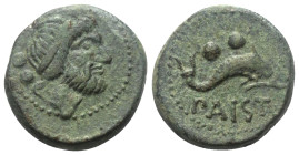 Lukanien. Paestum (Poseidonia).

 Sextans (Bronze). Ca. 218 - 201 v. Chr.
Vs: Kopf des Neptun mit Tainia rechts; im Feld links zwei Wertkugeln.
Rs...