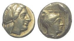 Lesbos. Mytilene.

 1/6 Stater bzw. Hekte (Elektron). Ca. 377 - 326 v. Chr.
Vs: Kopf des Dionysos mit Efeukranz rechts.
Rs: Weiblicher Kopf rechts...
