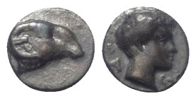 Karien. Halikarnassos (?).

 Hemiobol (Silber). Ca. 400 - 340 v. Chr.
Vs: Widderkopf rechts.
Rs: Jugendlicher männlicher Kopf rechts.

8 mm. 0,4...