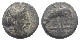 Karien. Mylasa.

 Bronze. Ca. 375 - 330 v. Chr.
Vs: Kopf des Zeus mit Lorbeerkranz rechts.
Rs: Delfin nach rechts schwimmend, darunter Dreizack.
...