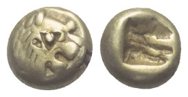 Königreich Lydien. Alyattes - Kroisos (605 - 540 v. Chr.).

 1/12 Stater bzw. Hemihekte (Elektron). Sardeis.
Vs: Kopf eines Löwen mit Strahlenwarze...