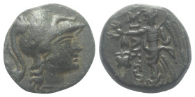 Pamphylien. Side.

 Bronze. 2. Jhdt. v. Chr.
Vs: Kopf der Athena mit korinthischem Helm rechts.
Rs: Nike mit Palmzweig und Kranz nach links stehen...