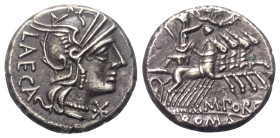 M. Porcius Laeca.

 Denar (Silber). 125 v. Chr. Rom.
Vs: LAECA. Kopf der Roma mit Flügelhelm rechts. Davor Wertzeichen X.
Rs: M. PORC. / ROMA. Lib...
