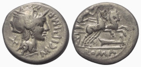 M. Cipius.

 Denar (Silber). 115 - 114 v. Chr. Rom.
Vs: M CIPI M F. Kopf der Roma mit geflügeltem Helm rechts, dahinter Wertzeichen.
Rs: ROMA. Vic...