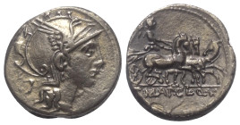 Appius Claudius Pulcher mit T. Manlius Mancinus und Q. Urbinius.

 Denar (Silber). 111 oder 110 v. Chr. Rom.
Vs: Kopf der Roma mit geflügeltem Helm...