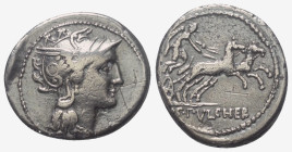 C. Claudius Pulcher.

 Denar (Silber). 110 oder 109 v. Chr. Rom.
Vs: Kopf der Roma mit geflügeltem Greifenkopfhelm rechts.
Rs: C PVLCHER. Victoria...