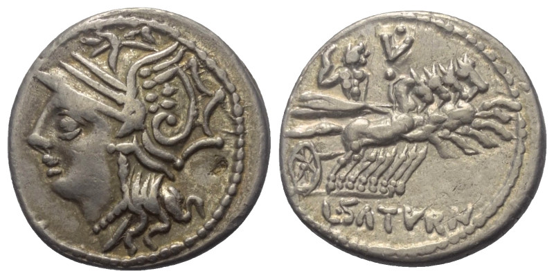 L. Appuleius Saturninus.

 Denar (Silber). 104 v. Chr. Rom.
Vs: Kopf der Roma...