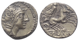 D. Iunius Silanus.

 Denar (Silber). 91 v. Chr. Rom.
Vs: Kopf der Roma mit geflügeltem Helm rechts, dahinter Kontrollmarke.
Rs: D SILANVS L F / RO...