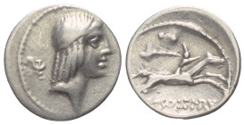 L. Calpurnius Piso Frugi.

 Denar (Silber). 90 v. Chr. Rom.
Vs: Kopf des Apollo mit Lorbeerkranz rechts, links davon Kontrollzeichen.
Rs: L PISO F...