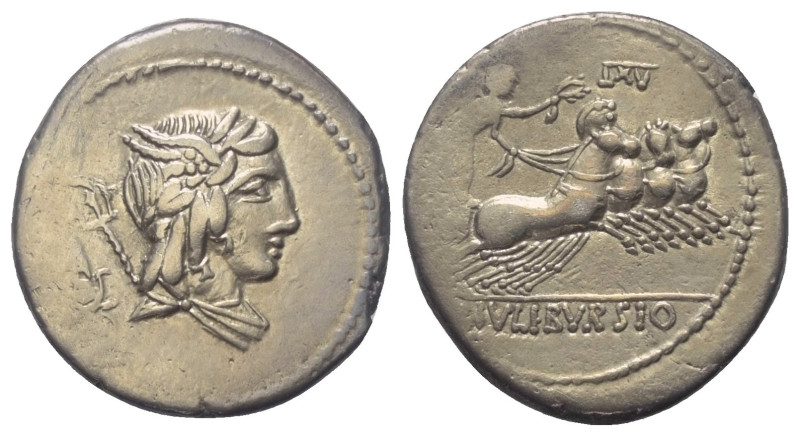 L. Iulius Bursio.

 Denar (Silber). 85 v. Chr. Rom.
Vs: Drapierte Büste des A...