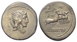 L. Iulius Bursio.

 Denar (Silber). 85 v. Chr. Rom.
Vs: Drapierte Büste des Apollo Veiovis mit Flügel, Lorbeerkranz und Dreizack rechts, dahinter B...