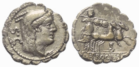 L. Procilius.

 Denar (Silber). 80 v. Chr.
Vs: Kopf der Juno Sospita mit Ziegenfellkappe rechts, dahinter S C.
Rs: L PROCILI F. Juno Sospita mit L...