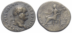 Vespasianus (69 - 79 n. Chr.).

 Denar (Silber). 75 n. Chr. Rom.
Vs: IMP CAESAR VESPASIANVS AVG. Kopf mit Lorbeerkranz rechts.
Rs: PON MAX TR P CO...