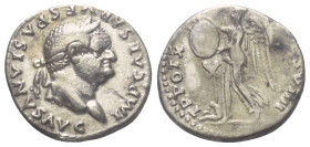 Vespasianus (69 - 79 n. Chr.).

 Denar (Silber). 79 n. Chr. Rom.
Vs: IMP CAESAR VESPASIANVS AVG. Kopf mit Lorbeerkranz rechts.
Rs: TR POT X COS VI...