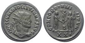 Diocletianus (284 - 305 n. Chr.).

 Antoninian (Kupfer). 293 - 295 n.Chr. Siscia.
Vs: IMP C C VAL DIOCLETIANVS AVG. Büste mit Strahlenkrone, Paluda...