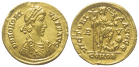 Honorius (393 - 423 n. Chr.).

 Solidus (Gold). 402 - 406 n. Chr. Ravenna.
Vs: D N HONORIVS P F AVG. Büste mit Perldiadem, Paludament und Panzer re...