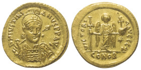 Iustinianus I. (527 - 565 n. Chr.).

 Solidus (Gold). 527 - 538 n. Chr. Constantinopolis.
Vs: D N IVSTINIANVS P P AVG. Behelmte Büste mit Perldiade...