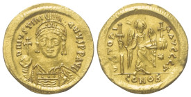 Iustinianus I. (527 - 565 n. Chr.).

 Solidus (Gold). 540 - 552 n. Chr. Karthago.
Vs: D N IVSTINI - ANVS P P AVG. Büste mit Helm, Perldiadem mit Pe...